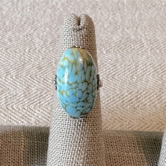 Vintage Faux Turquoise Mid Century Modern Statement Ring SZ 5 3/4 Elongated Oval - Picture 4 of 17